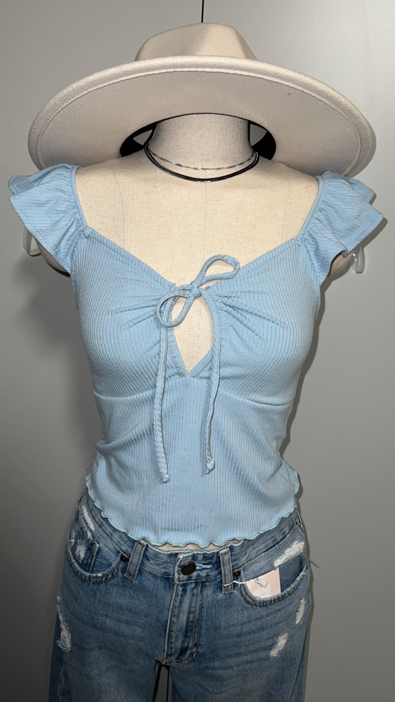 Katie Front Tie Ribbed Top - Blue Fog